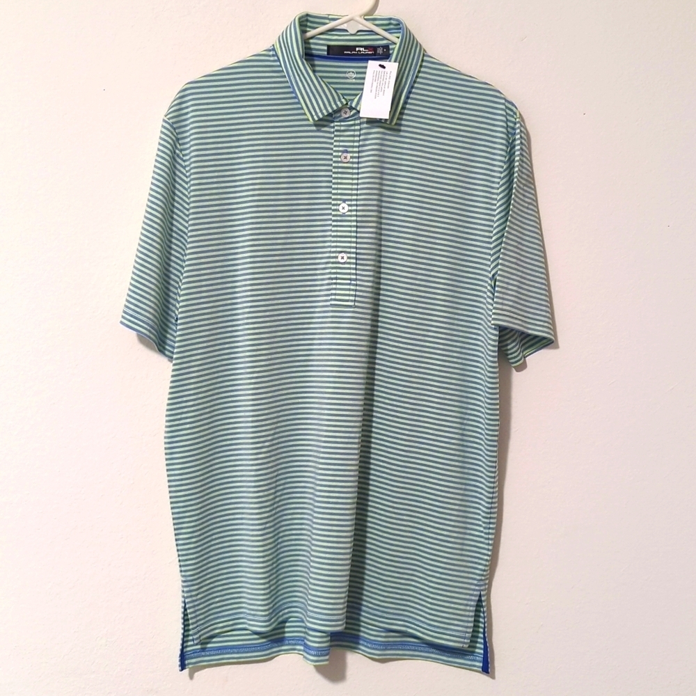 RLX Ralph Lauren men's blue/topspin lime golf T-shirt.